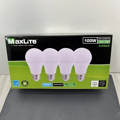 MaxLite E15A19D50/4P A19 100W Daylight 5000K Dimmable LED Bulbs - 4 Pack - Image 1 of 4