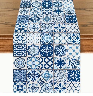 Bohemian Retro Table Runner 13x72in Blue and White Woven Polyester - Image 1 of 3