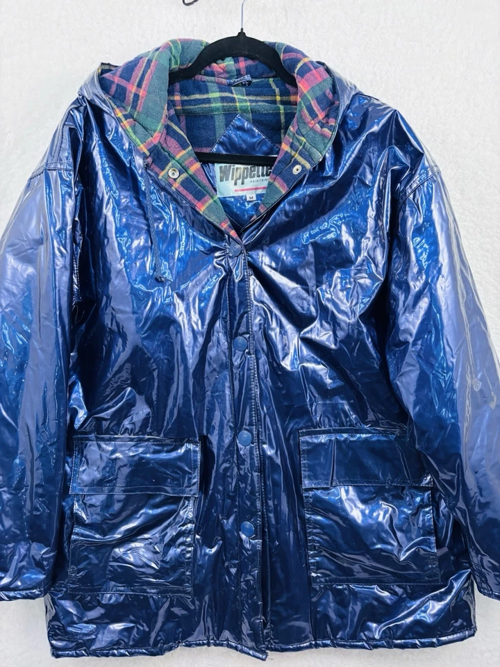 Abrigo de lluvia brillante con capucha azul medio Wippette vintage años 90 forro a cuadros de franela Foto 1 de 4