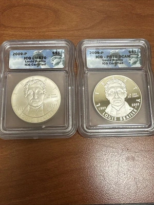 2009 P Louis Braille Bicentennial Comm. Silver Dollar ICG MS70 & PR70 DCAM - Image 1 of 4