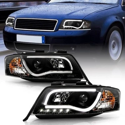 For 1998-2001 Audi A6 LED Tube Black Projector Headlights Headlamp Left+Right - Image 1 of 4