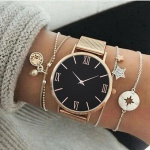 Relojes de pulsera de cuarzo de acero inoxidable con esfera de oro rosa de lujo para mujer correa de malla - Imagen 1 de 32