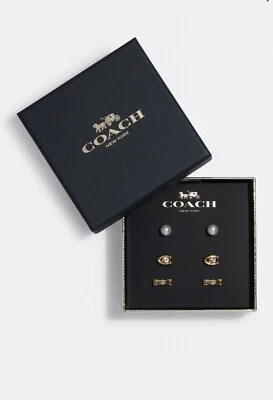 Juego de aretes COACH firma y arco en caja, 3 pares oro C7788 Foto 1 de 2