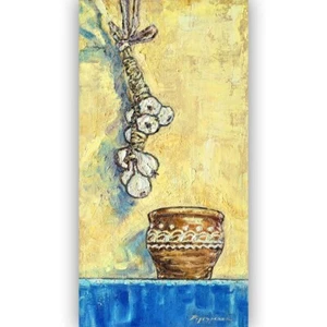 Original Oil Painting Rustic Kitchen Still Life with Garlic and Clay Pot Art - Picture 1 of 14