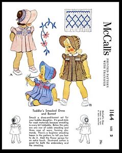 McCall 1164 Pattern SMOCKED Dress & BONNET Frock GIRL TODDLER
