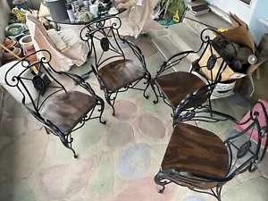 Custom Made Wrought Iron Patio Chairs (4) w/ Finished Wood Seats - Picture 1 of 8
