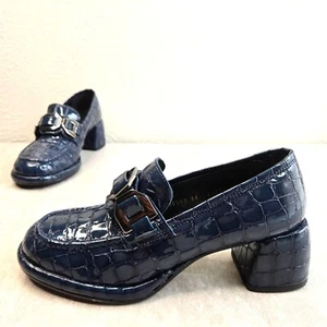 Preppy Platform Loafers Sz 6 Blue Croc Patent Leather Chunky Heeled Dress Shoes - Picture 1 of 13