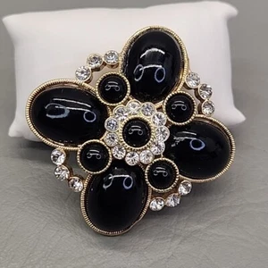 Vintage Floral Brooch Statement Black Acrylic Clear Rhinestones Gold Tone 2" - Picture 1 of 12