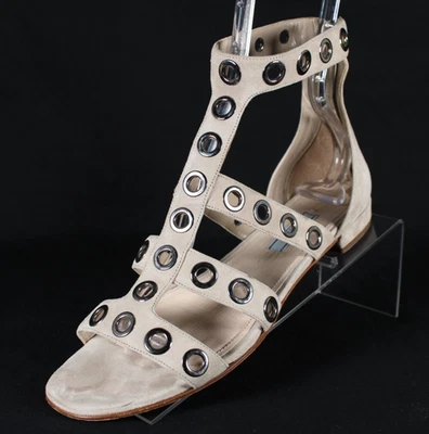 Sandalias planas de gladiador con ojales de metal plateado gamuza beige piedra PRADA 39 Foto 1 de 4
