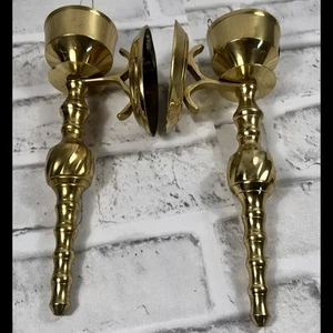 Vintage Pair Brass Candlesticks Wall Sconces Made in India Turned Brass 2324 - Picture 1 of 9