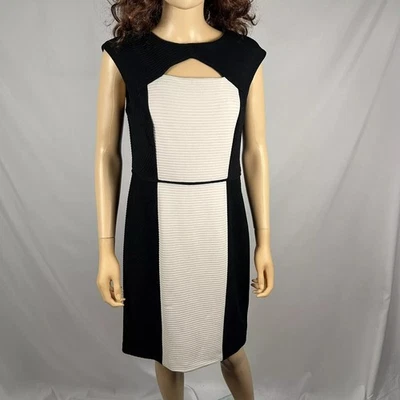 Dress Barn Sleeveless Black Cream Midi Dress 10 Medium Business Casual Sheath - Image 1 of 4