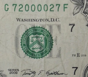 Centered Quad Radar Fancy Serial Number G72000027F 2009 1$ One Dollar Bill - Picture 1 of 3