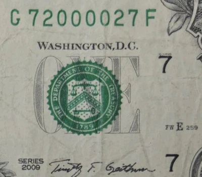 Centered Quad Radar Fancy Serial Number G72000027F 2009 1$ One Dollar Bill - Image 1 of 3