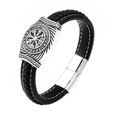 Mens Norse Viking Bracelet PU Leather Nordic Rune Cuff Magnetic Bangle 7/8/9in - Image 1 of 4