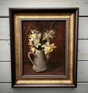 Original Oil Painting Canvas Still Life Vase Of Daffodil Floral Brown Gold Frame - Picture 1 of 20