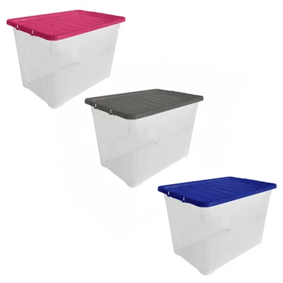 80L Plastic Storage Boxes with Colour Lids Quality Stackable Home Office Kitchen - Image 1 of 4