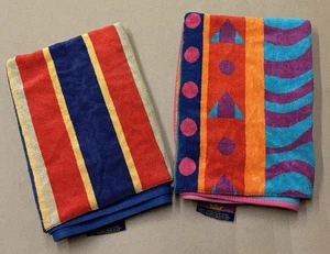 Vintage Cecil Saydah Beach Bath Towels Set of 2 Colorful Patterns Stripes 63x33 - Picture 1 of 8