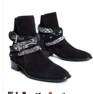 Hombres Punta Punta Punta Gamuza Cuero Cadena Hebilla Vaquero Tobillo Chelsea Bota Zapatos de Motor Foto 1 de 4