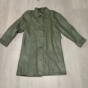 Vintage Genuine Green Leather Button Collar Long Jacket Women L - Picture 1 of 9