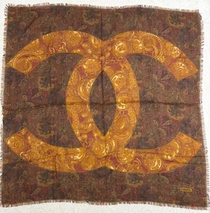 CHANEL Wool Blend Scarf Coin Paisley CC Logo Brown Gold 33.5” VTG Size 33.5in - Picture 1 of 14