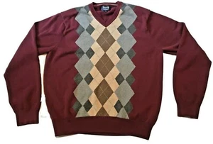 G.H. Bass & Co., Size L Burgundy Sweater with Argyle Pattern, V Neck 100% Cotton - Picture 1 of 6