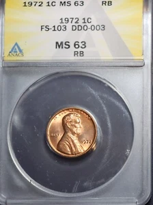 1972 Lincoln Memorial DDO, FS-103, DDO, Double Die Obverse ANACS MS63 - Picture 1 of 3