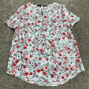 Kensie Floral Top Women's Medium Short Sleeve Gray Red Split V-Neck Polyester - Picture 1 of 8