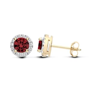 9ct Yellow Gold on Silver simulated Ruby & CZ Halo Cluster Round Earrings - Picture 1 of 6