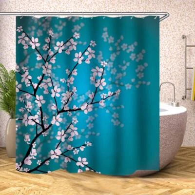 Cherry Blossom Teal Fabric Shower Curtain 72x72" Sakura yl0738 with Hooks - Image 1 of 4