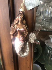 St. Nicholas Square Glass Dark Skin Mermaid Christmas Ornament with Pearls - Picture 1 of 8