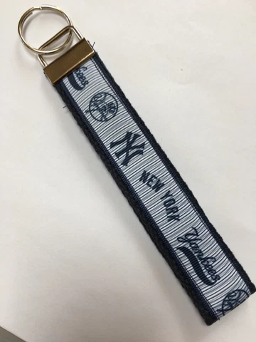 NEW YORK YANKEES Ribbon Key Chain Wristlet / Key Fob, Blue, Handmade, Free Ship Cover