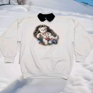 ✅VTG Ugly Christmas Sweater White Embossed Teddy Bear Damen M Janet Kruskamp - Bild 1 von 12