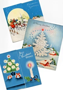 Lote de tarjetas de Navidad vintage, azules, árboles de Navidad, paseo en la nieve, regalos, velas - Imagen 1 de 3