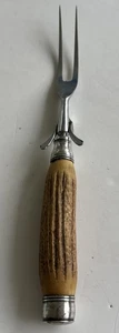 Vintage Meat Fork With Antler Handle Marked Sterling Silver Beautiful - Picture 1 of 5