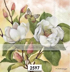 (2597) TWO Paper LUNCHEON Decoupage Art Craft Napkins - MAGNOLIA BLOSSOMS FLOWER - Picture 1 of 3