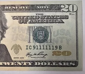 91111119 BINARY RADAR $20 TWENTY Dollar Bill Fancy Serial Number 2006 UNC. - Picture 1 of 11