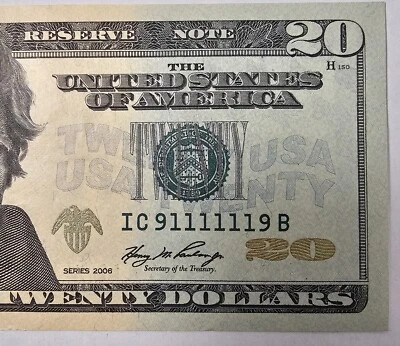 91111119  BINARY RADAR $20 TWENTY Dollar Bill Fancy Serial Number 2006 UNC. - Image 1 of 4