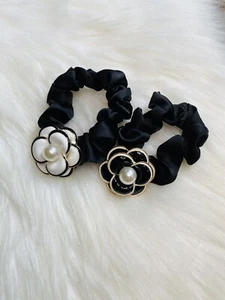 enamel camellia flower hair tie Faux Pearl Lot 2 Black White new handmade gift - Picture 1 of 2