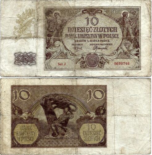 Polska Banknot 10 Złotych 1940 EMISSION BANK IN POLAND ZWK-29a Ro. 574a P-94
