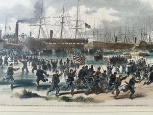 Seltene 1880er handkolorierte Bürgerkriegsgravur US Truppen Landungshafen Royal Battle - Bild 1 von 8