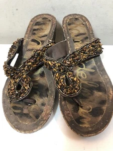 Women's Sam Edelman Beaded Brown Cork Wedge Thong Slides Size 7 M - Picture 1 of 12
