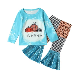 Girls Halloween Pumpkin Top- Colorblock Leopard Plaid Set - Multiple Sizes New! - Picture 1 of 4