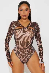 NEW Women's Leopard Long Sleeve Mesh Bodysuit Size Extra Large - XL - Picture 1 of 3