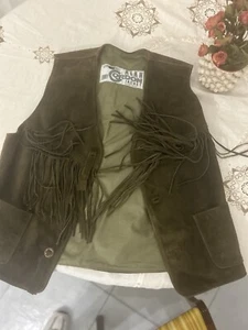 Gilet Pelle Nappa Frange Donna Verde Scuro Alan Gordon Vintage - Foto 1 di 11