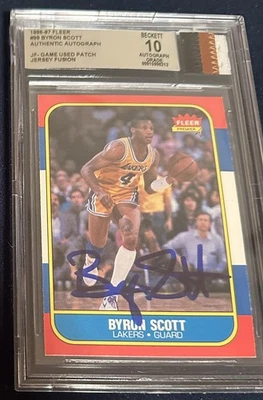 Parche usado de 10 juegos Jersey Fusion 1986-87 Fleer Auto Byron Scott Beckett 2024 Foto 1 de 2