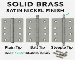 4”x3.5” Solid Brass Hinge Satin Nickel Finish Steeple Tip Heavy Duty w/ Screws - Picture 1 of 3