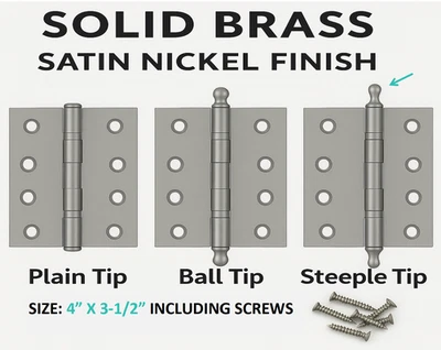 "Bisagra de latón macizo de 4""x3,5"" acabado níquel satinado punta campanario resistente con tornillos" Foto 1 de 3