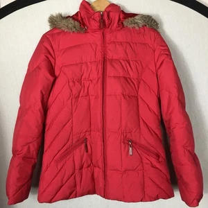 M&S Per Una Jacket Red Feather Down Size M Detatchable Fur Trim Hood Zip Pockets - Picture 1 of 20