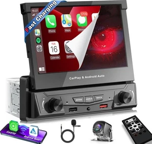 【】 Single Din Flip Out Touchscreen Car Stereo with Wireless Carplay&Android A... - Picture 1 of 7