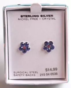 Girls Sterling Silver 925 9mm Purple Pink Crystal Flower Post Stud Earrings NIB - Picture 1 of 2
